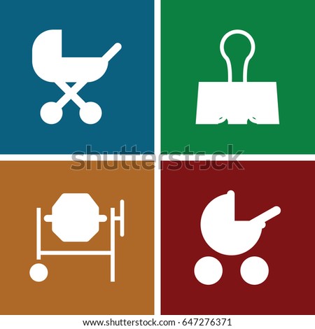 Metallic icons set. set of 4 metallic filled icons such as baby stroller, concrete mixer