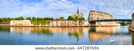 Paris, panorama over river Seine with Notre-Dame cathedral from the back on a bright day in Spring