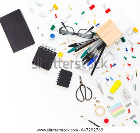 Back to school concept. School and office supplies on office table. Flat lay with copy space.