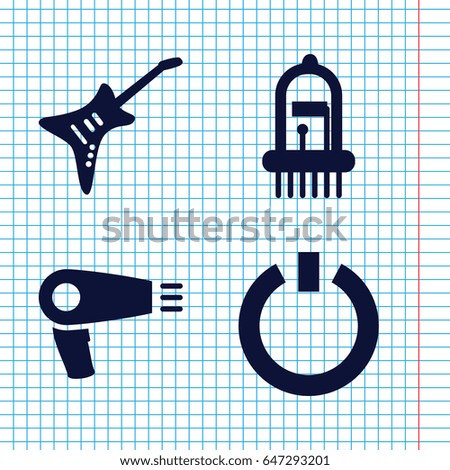Set of 4 electric filled icons such as hair dryer, guitar, musical instrument
