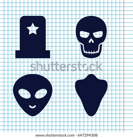 Set of 4 horror filled icons such as animal fang, alien head, skull