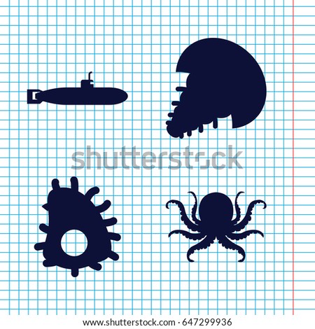 Set of 4 underwater filled icons such as octopus, extinct sea creature