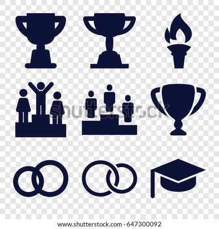 Ceremony icons set. set of 9 ceremony filled icons such as rings, ranking, torch, trophy, graduation hat