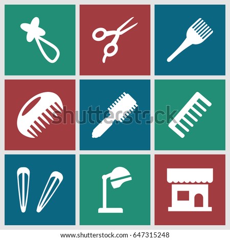 Hairdressing icons set. set of 9 hairdressing filled icons such as comb, hair brush, barber scissors, salon hair dryer, beauty salon, coloring brush