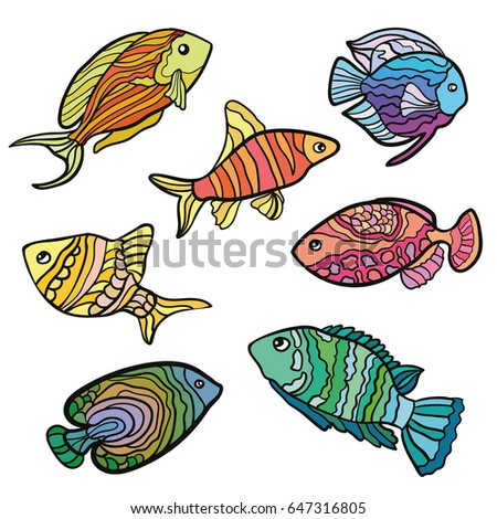 Exotic cartoon colorful tropical fish collection. Marine set aquarium cartoon fishes. varieties of ornamental popular color fish. Flat design fish. Vector illustration, fishes. fish collection.