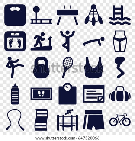 Fitness icons set. set of 25 fitness filled icons such as floor scales, foot carpet, sport bra, barbell, trampoline, tennis rocket, gymnastic apparatus, sport bag, plan