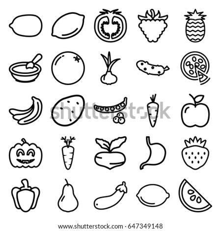 Vegetarian icons set. set of 25 vegetarian outline icons such as potato, onion, carrot, orange, pear, beet, banana, peas, lemon, porridge, lemon, cucumber, strawberry