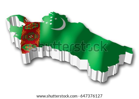 3D illustration/ 3D rendering - Turkmenistan flag/ country shape.