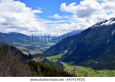 Snow-capped mountains and valley on Austrian Alps. Photo location: Gerlos Pass alpine road (B165)