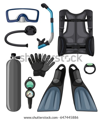 Different diving equipments in black color illustration