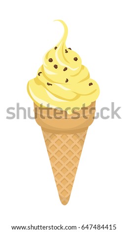 Cartoon vector vanilla soft ice cream cone with chocolate chips isolated on white background