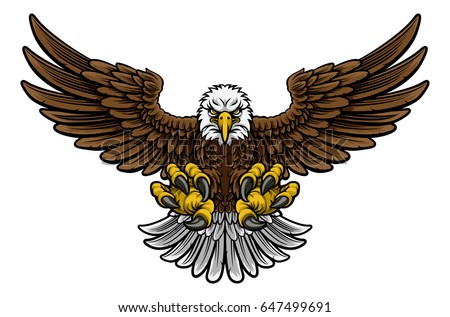 A cartoon bald American eagle mascot swooping with claws out and wings outstretched spread