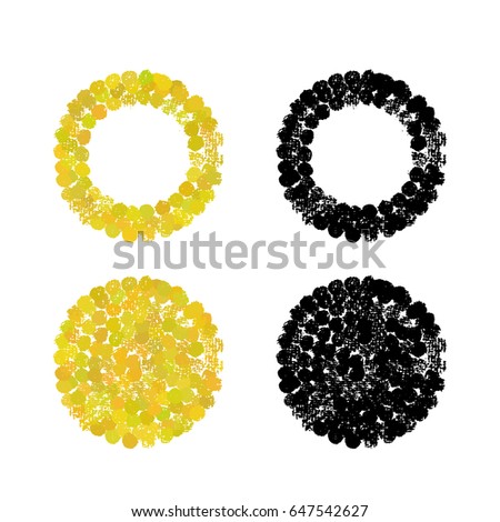 a  set of vector round textures; a trendy golden and black backgrounds; hand painted by ink; consists of different hand drawn balls; grunge, scribble, doodle, brush painted style; messy polka dot;