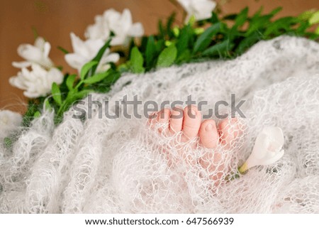 Close up picture of new born baby feet on knitted plaid and flowers