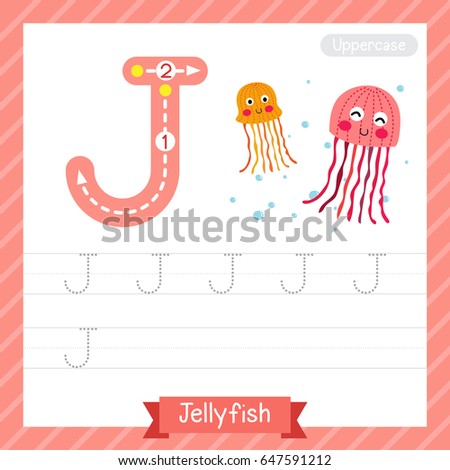 Letter J uppercase tracing practice worksheet with jellyfish for kids learning to write. Vector Illustration.