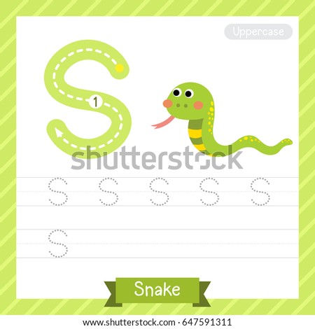 Letter S uppercase tracing practice worksheet with snake for kids learning to write. Vector Illustration.