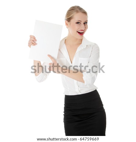 A businesswoman holding white board. Isolated