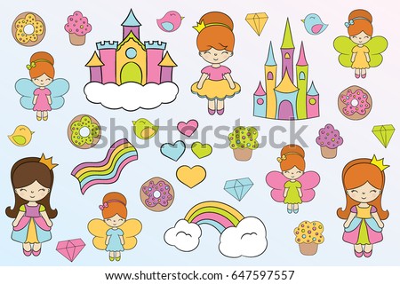 Children's illustration with cute princess and elements - donut, rainbow, heart, cupcake, castle, bird, diamond. Best Choice for cards, invitations, prints or baby shower albums, arts and scrapbooks. 