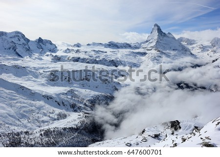View of the Matterhorn from the Rothorn summit station. Swiss Alps, Valais, Switzerland.