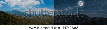 Day and night concept of summer landscape panoramic image of mountains under beautiful sky. Series time in forest with full moon, clouds and many stars. The moon taken with my own camera.
