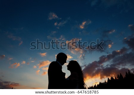 happy bride and groom silhouette embracing in sunlight evening sky in mountains. gorgeous wedding couple hugging in dusk sun light, romantic moment in meadow. boho newlyweds