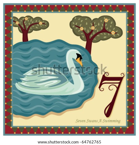 The 12 Days of Christmas - 7th Day - Seven Swans A Swimming  Vector illustration saved as EPS AI 8, no gradients, no effects, easy print.