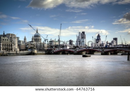 City of London view from Waterloo Bridge. This view includes: St. Paul`s Cathedral, The Gherkin, Tower 42, and Blackfriars Bridge.