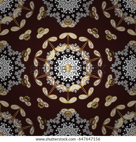 Good for greeting card for birthday, invitation or banner. Seamless pattern medieval floral royal pattern. Decorative symmetry arabesque. Vector illustration. Gold on brown background.