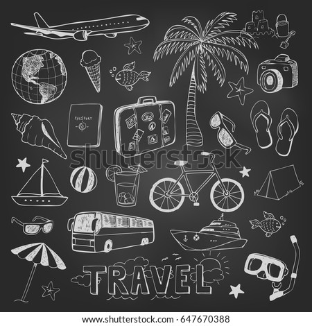 Travel hand drawn doodles vector icons sketch on black chalkboard