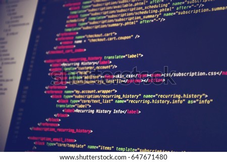 A Piece of programming code in IDE with blur effect. Programmer developer screen. Website codes on computer monitor. Source code close-up. Notebook closeup photo. Royalty-Free Stock Photo #647671480