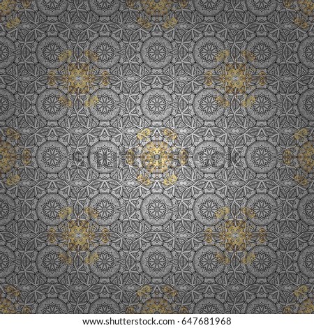 Seamless golden pattern. Vector oriental ornament. Golden pattern with gray doodles on gray background with golden elements.