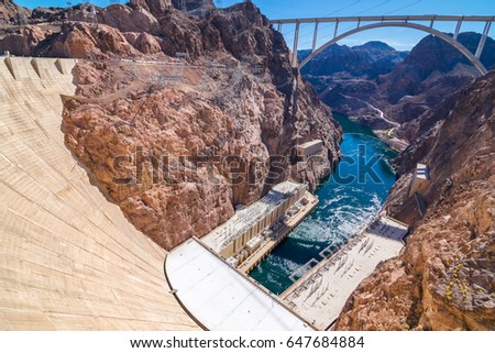 Beautiful view of Hoover Dam and Lake Mead - Arizona and Nevada border - USA Royalty-Free Stock Photo #647684884