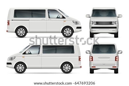Mini bus vector template for car branding and advertising. Isolated city mini van on white. All layers and groups well organized for easy editing and recolor. View from left, right side, front, back Royalty-Free Stock Photo #647693206