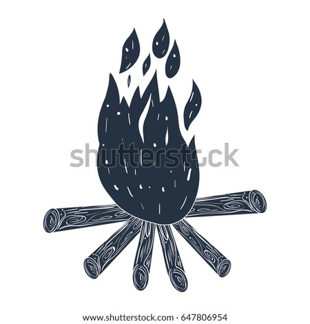 white background with dark blue hand drawn silhouette of campfire vector illustration