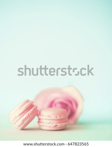 Vintage pink macarons in front of a rose