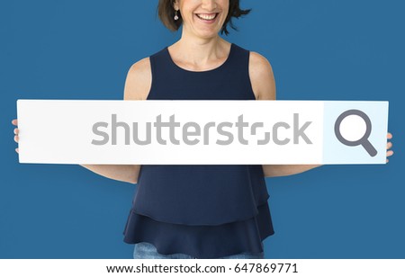 Happiness woman holding searching banner studio portrait