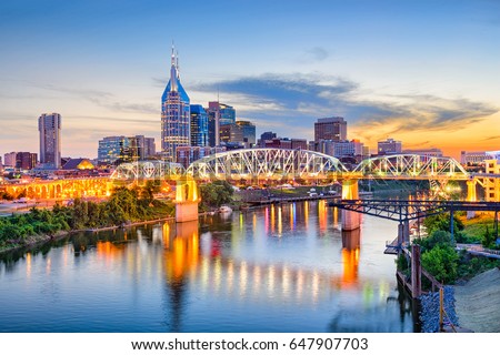Nashville, Tennessee, USA downtown skyline on the Cumberland River.