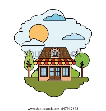 colorful scene of country house with attic and sunshade in sunny day vector illustration