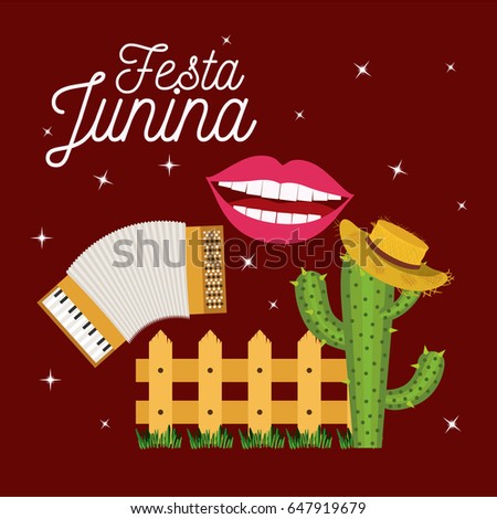 colorful poster festa junina with starry background and wooden railing with cactus with hat vector illustration