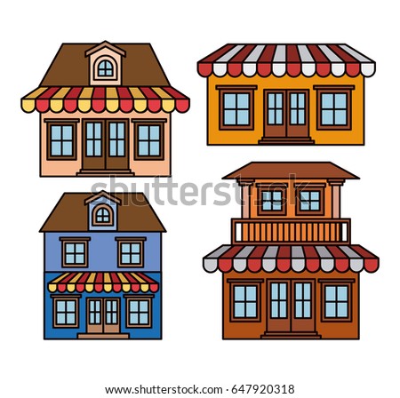 background with colorful set of houses with sunshades vector illustration