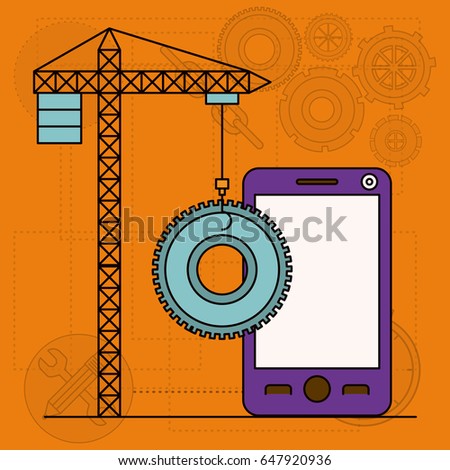 background with crane tower and pinion and smartphone vector illustration