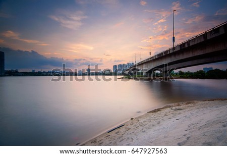 Bridge from its below views during sunset at Permas Johor Malaysia. The image may contain noise and blurry effect due to long exposure