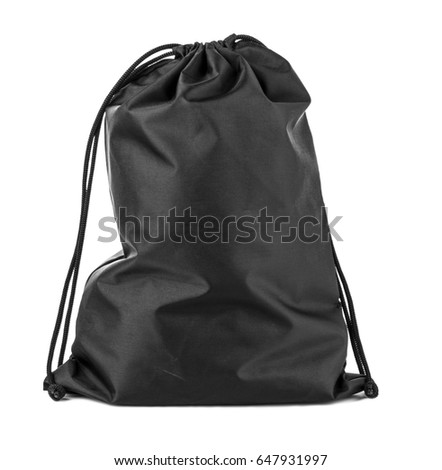 Drawstring pack template classic black isolated on white  Royalty-Free Stock Photo #647931997