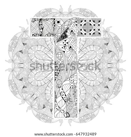 Hand-painted art design. Adult anti-stress coloring page. Black and white hand drawn illustration mandala with letter T for coloring book