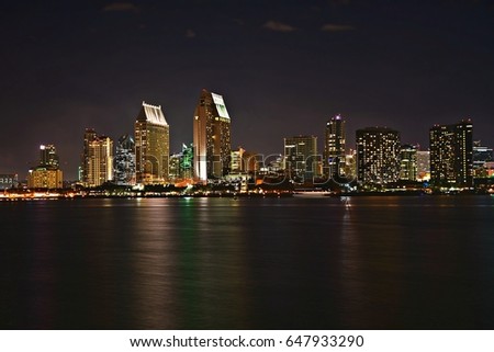Nightscape with panoramic view of the San Diego Skyline in Southern California as seen from the Coronado Island Centennial Park.