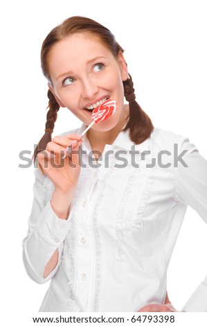 Full isolated studio picture from a young woman with lolly