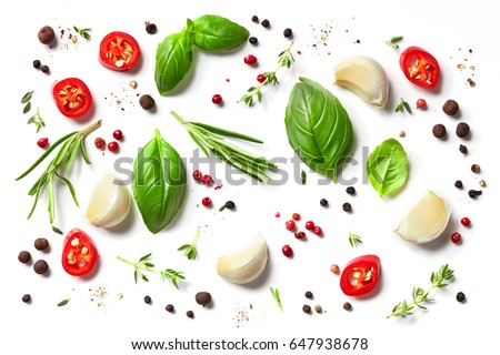 various herbs and spices isolated on white background, top view Royalty-Free Stock Photo #647938678