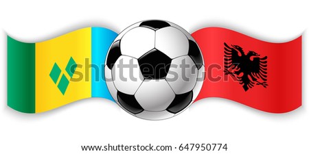 Vincentian and Albanian wavy flags with football ball. Saint Vincent and the Grenadines combined with Albania isolated on white. Football match or international sport competition concept.
