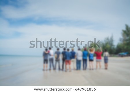 Blur abstract or blurry perspective view my friend with blue cool sky, tropical for summer party holiday relaxation vacation background