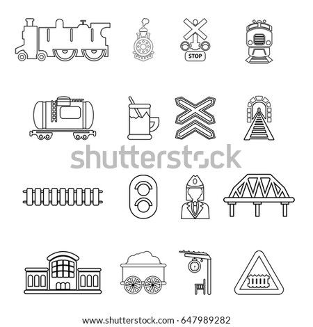 Train railroad icons set. Outline illustration of 16 train railroad vector icons for web